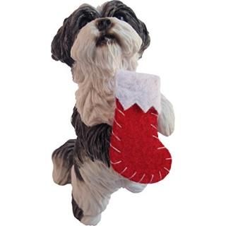 Sandicast Silver and White Shih Tzu with Red and Green Scarf Christmas Ornament
