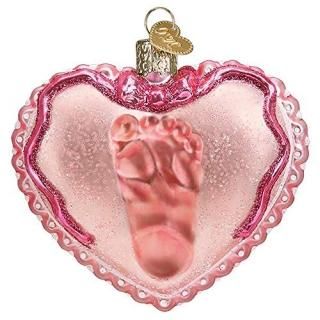 Old World Christmas Glass Blown Ornament - Baby Girl's Footprint Heart 3?