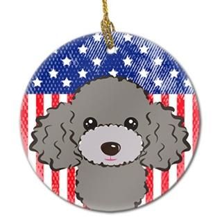 Caroline's Treasures BB2189CO1 American Flag and Silver Gray Poodle Ceramic Orna
