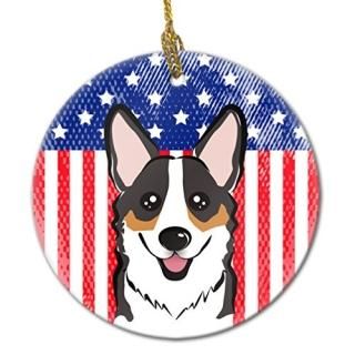 Caroline's Treasures BB2185CO1 American Flag and Tricolor Corgi Ceramic Ornament