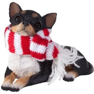 Sandicast Lying Tri Chihuahua with Red and White Scarf Christmas Ornament 