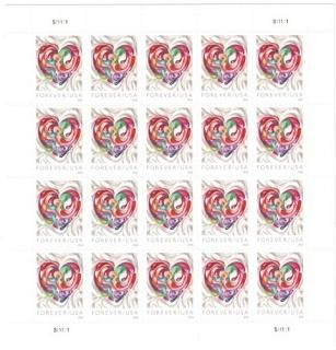 1 sheet of 20 Stamps - Quilled Paper Heart USPS Forever Stamps Sheet of 20 - 201