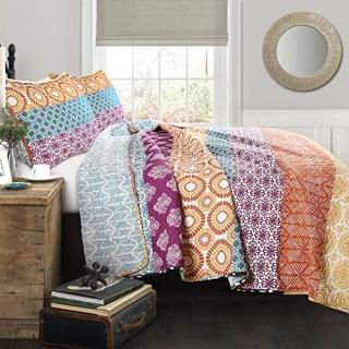 Bohemian Stripe Quilt Fuchsia/Orange 3Pc Set Full/Queen