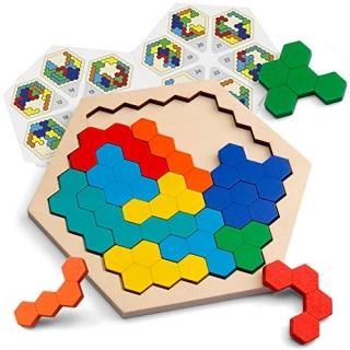 Coogam Wooden Hexagon Puzzle for Kid Adults - Shape Pattern Block Tangram Brain 