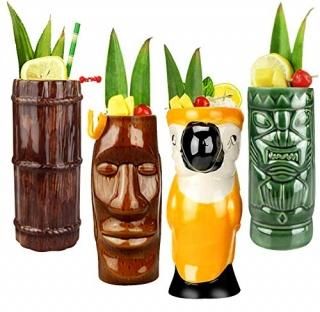 Tiki Mugs Cocktail Set of 4 - Ceramic Hawaiian Party Mugs Drinkware Cute Exotic 
