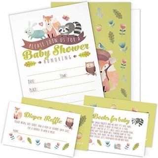 A Set of 25 Woodland Animals Baby Shower Invitations Diaper Raffle Tickets and B