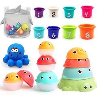 MoraBaby Baby Bath Stacking Toys with Organizer Bag 8 Stacking Cup Toys 4 Stack 