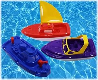 Matty's Toy Stop Plastic Boats Set Sailboat Red Speedboat Purple & Fireboat Blue