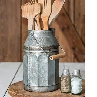 Vintage Galvanised Metal-Decorative Milk Pail w/ Wood Handle