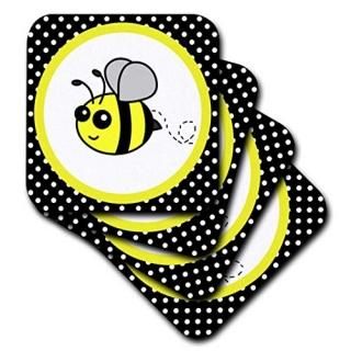 set-of-4-Soft - 3dRose cst_57078_1 Cute Yellow Bumble Bee on Black and White Pol