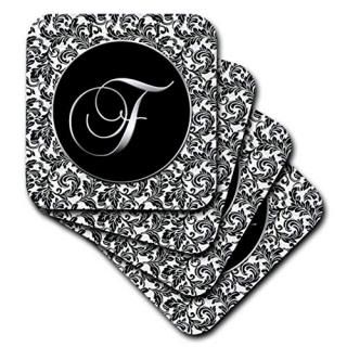 set-of-4-Ceramic - 3dRose cst_38755_3 Letter F-Black and White Damask-Ceramic Ti