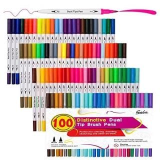 100 Colors Dual Tip Brush Pens with Fineliners Art Markers Feela Watercolor Dual