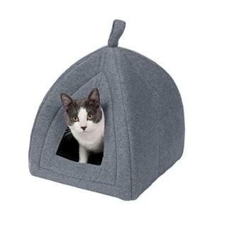 Furhaven Pet Cat Bed - Triangle Hooded Tent House Cave Fleece Dome Lounger Hood 