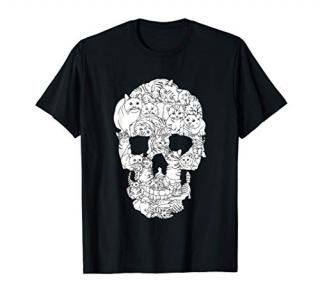 Cat Skull Halloween Funny Goth Punk Emo Graphic Gift T-Shirt