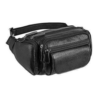 TIDING Men's Black Genuine Leather Large Capacity Waist Bag