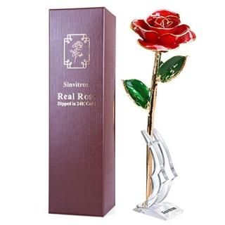 Red - Sinvitron Real Rose Flower with Long stem Dipped In 24k Gold with Stand an