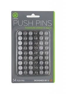 54-Count Black White and Gray - U Brands Fashion Steel Push Pins Black White & G