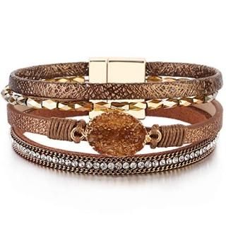 FANCY SHINY Leather Wrap Bracelet Boho Cuff Bracelets Crystal Bead Bracelet with