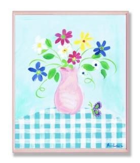 The Kids Room by Stupell Pink Vase With Flowers and Butterflies on Blue Gingham 
