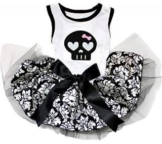 Petitebella Cutie Black Skull Face Puppy Dog Dress White/Damask X-Large