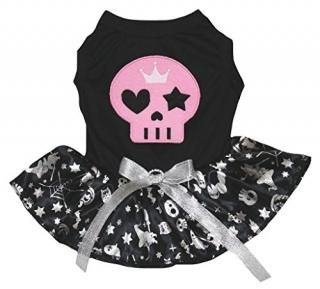 Petitebella Pink Skull Face Puppy Dog Dress Black/Black Silver Halloween Small