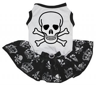 Petitebella Cross Bone White Shirt Black Skulls Crowns Tutu Puppy Dog Dress Medi