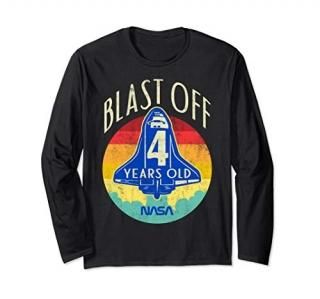 NASA Space Shuttle Blast Off 4th Birthday Retro Portrait Long Sleeve T-Shirt