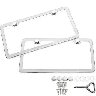 SunplusTrade 2 Stainless Steel Polish Mirror License Plate Frame + Chrome Screw 