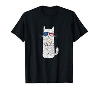 Drummer Cat Sunglasses USA Flag Funny Patriotic American T-Shirt