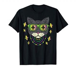 Cool Cat Jester Sunglasses Beads Funny Mardi Gras Carnival T-Shirt