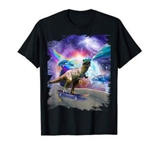 Sunglasses Dinosaur On Skateboard In Rainbow Space T-Shirt