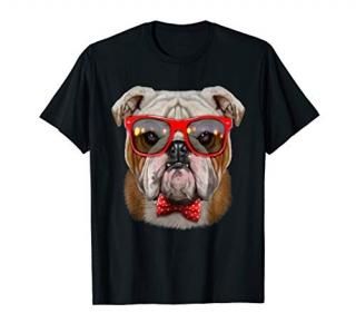 Grumpy English Bulldog in Red Retro Sunglass and Bow Tie T-Shirt