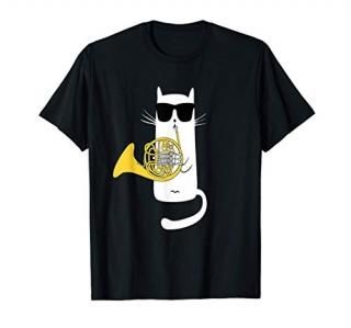 Funny Cat Wearing Sunglasses Playing French Horn T-Shirt