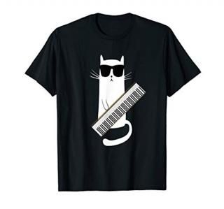 Cat Wearing Sunglasses Playing Keytar- Guitar Keyboard Shirt