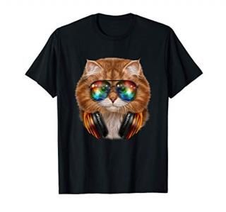 DJ Orange Cat wearing Space Galaxy Sunglass and Headphone T-Shirt