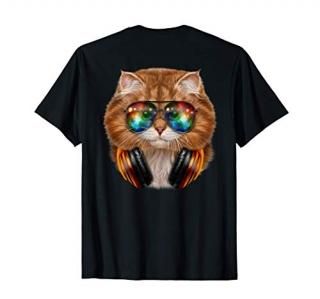 DJ Orange Cat wearing Space Galaxy Sunglass and Headphone T-Shirt