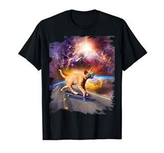 Cat With Sunglasses On Skateboard In Space T-Shirt