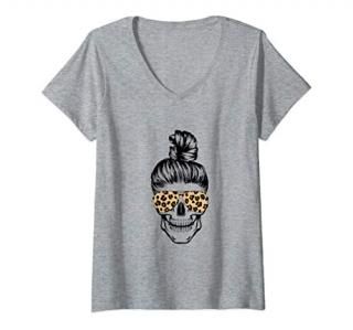 Womens Skull Leopard Print Sunglasses Mom Bun Girl Gift Halloween V-Neck T-Shirt