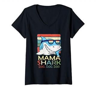 Womens Funny Mama Shark White Shark Mom Sunglasses Predatory Fish V-Neck T-Shirt