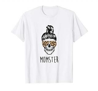 Momster Skull Bun Leopard Print Sunglasses Mom Halloween T-Shirt