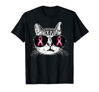 Breast Cancer Awareness Pink Ribbon Cat Sunglasses Womens T-Shirt
