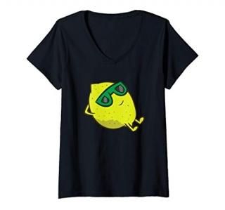 Womens Cute Lemon Summer Fruit Sunglasses On Lemon V-Neck T-Shirt