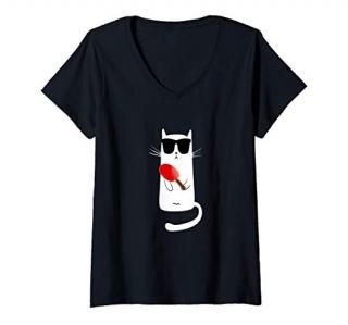 Womens Funny Cat Wearing Sunglasses Playing Ping Pong V-Neck T-Shirt