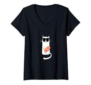 Womens Funny Cat Wearing Sunglasses Playing Disc Golf V-Neck T-Shirt