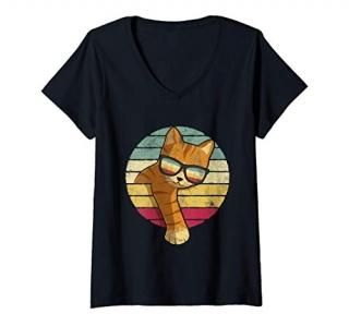 Womens Vintage Style Orange Cat Sunglasses V-Neck T-Shirt