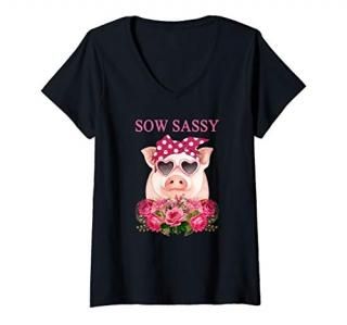 Womens Sow Sassy Adorable Pig Shirt Pink Flower Bouquet Sunglasses V-Neck T-Shir
