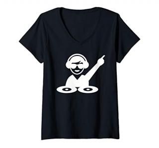 Womens DJ with sunglasses and vinyls V-Neck T-Shirt