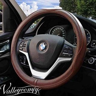 Valleycomfy Universal 15 inch Auto Car Steering Wheel Cover with Coffee Genuine 