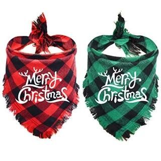 Malier 2 Pack Dog Bandana Christmas Classic Buffalo Plaid Pattern with Tassels E