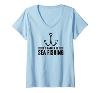 Womens I'd Rather Be Sea Fishing Funny Bass Trendy Gift Set Idea V-Neck T-Shirt